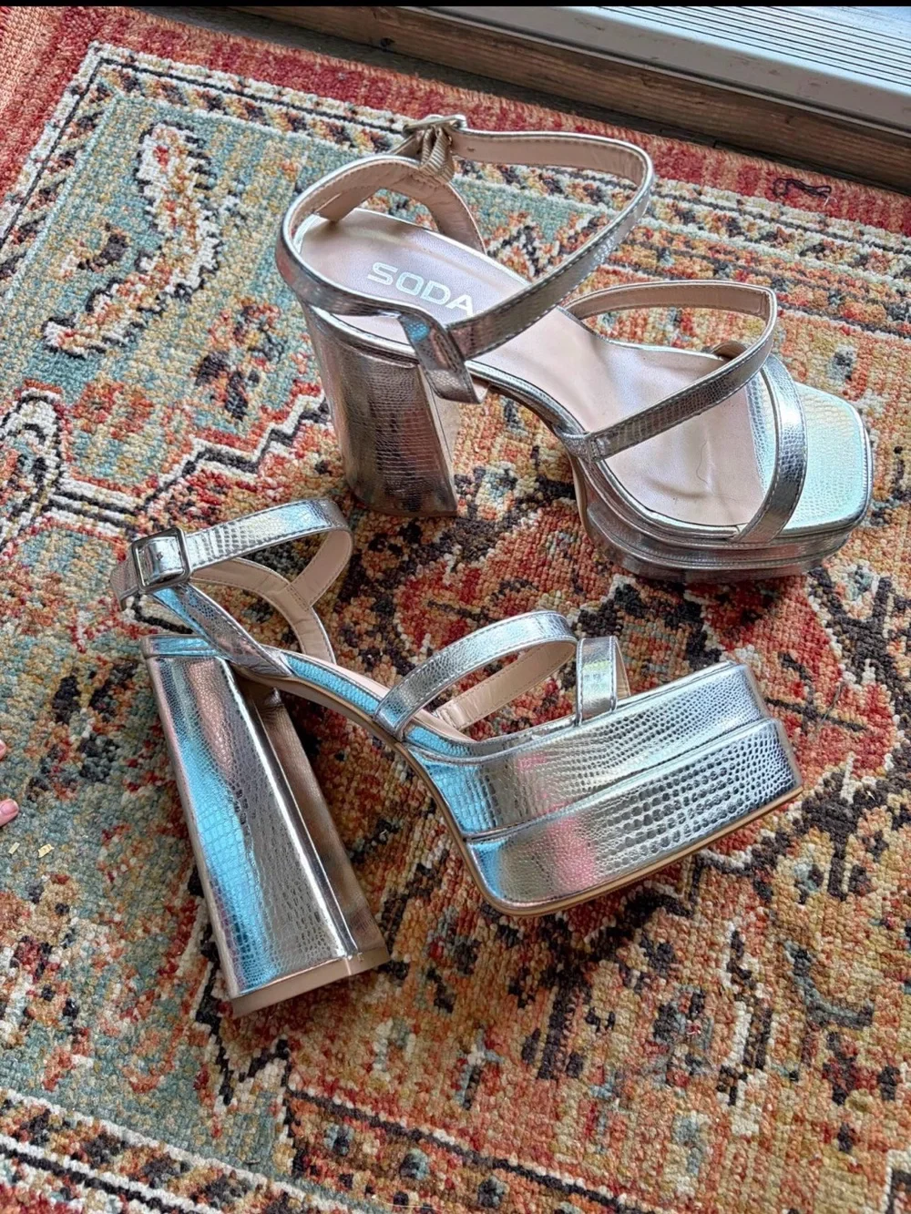 Soda Metallic Silver Platform Block Heel Sandals